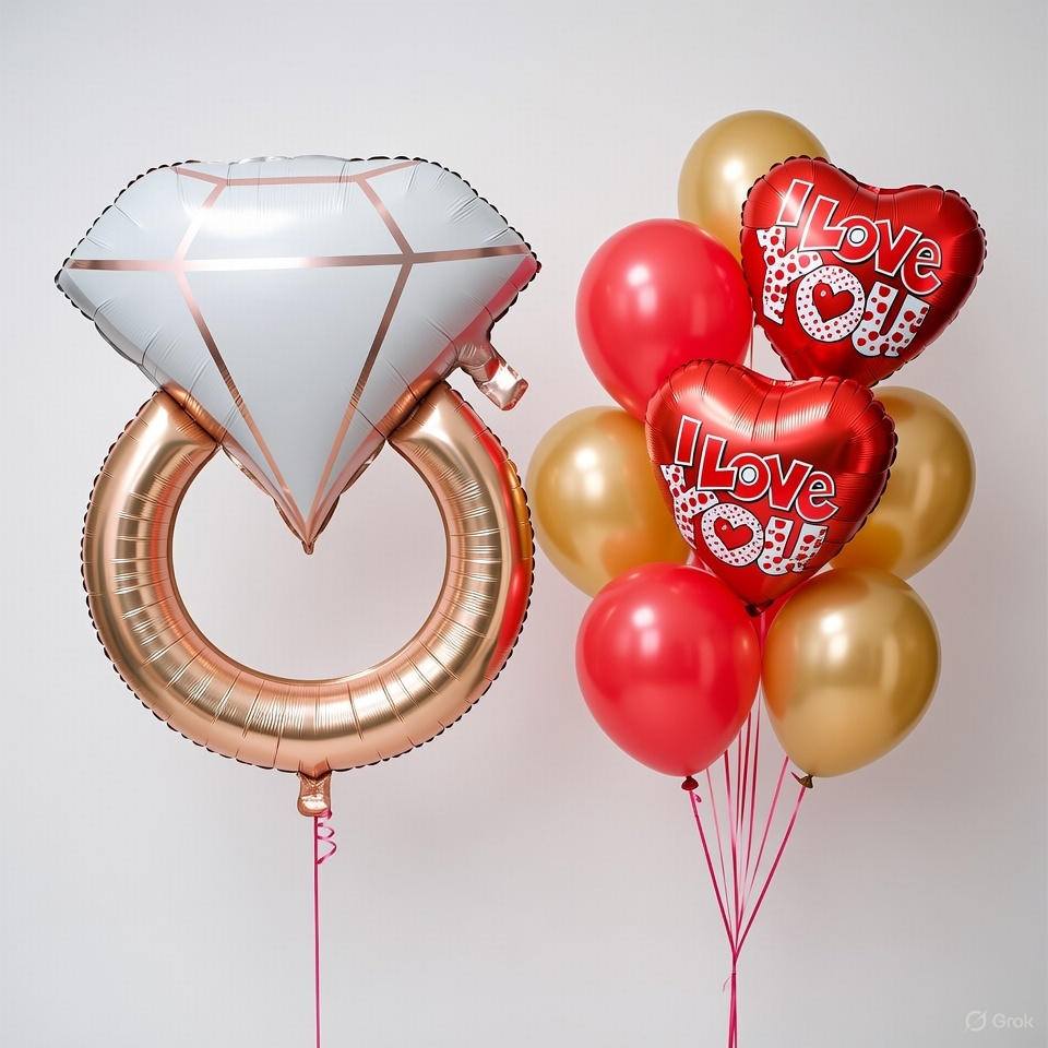 Pack Ballons I Love You + Ballon Bague Diamant Rose Gold | Décoration Romantique