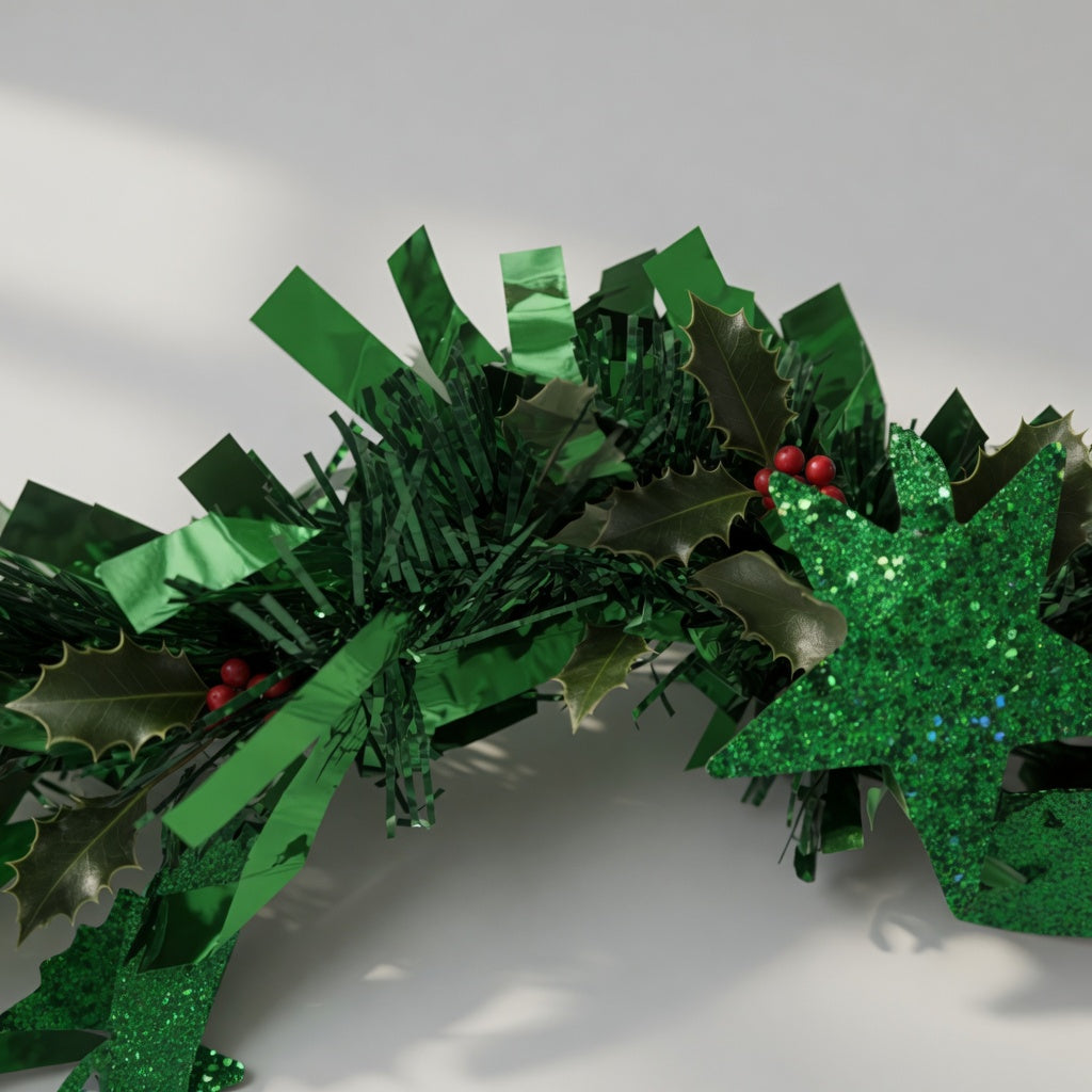 Green Holly & Star Shimmer Garland - 2m