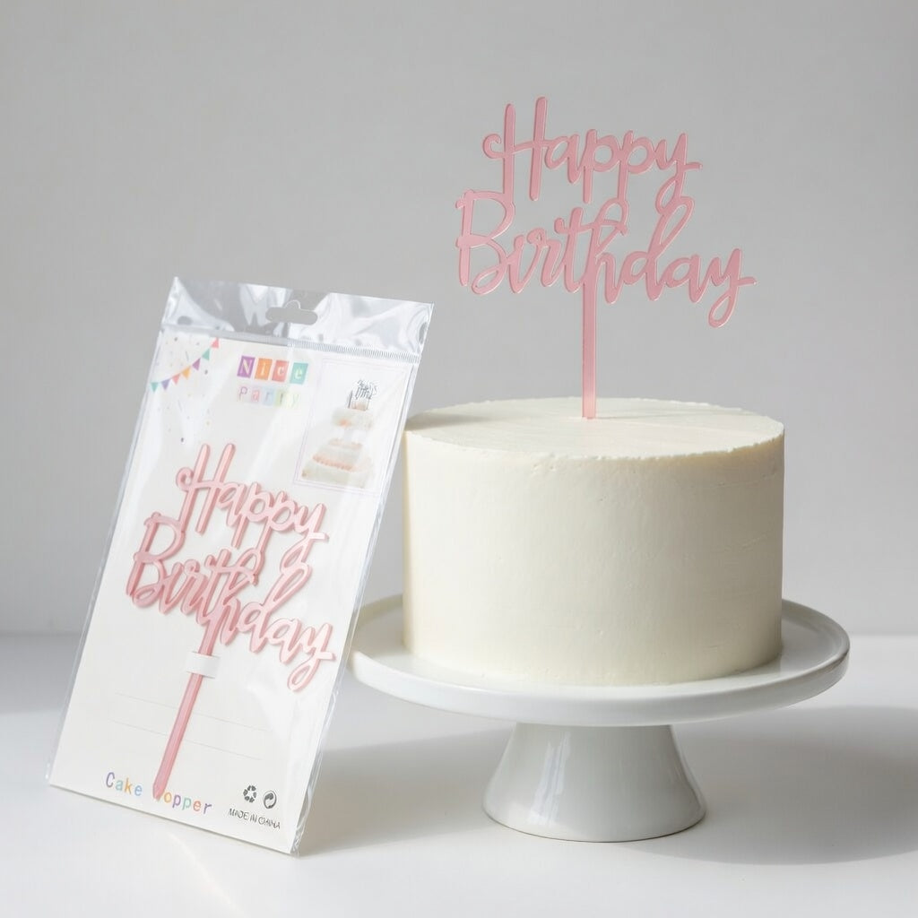 Cake Topper Happy Birthday Acrylique Script Cursive | Argent & Rose Gold