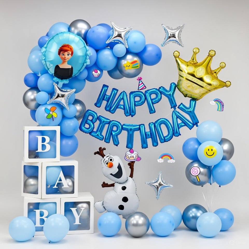 مجموعة قوس بالونات عيد ميلاد فروزن - أزرق، أولاف، تاج ذهبي وحروف Happy Birthday