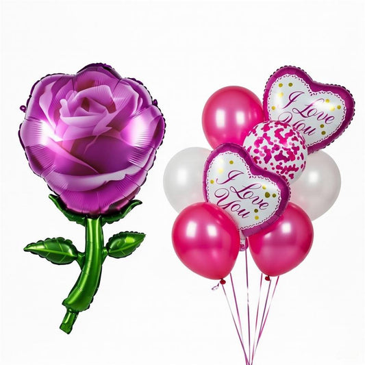 "I Love You" Balloon Pack + Purple Rose Mylar Balloon | Romantic Decoration