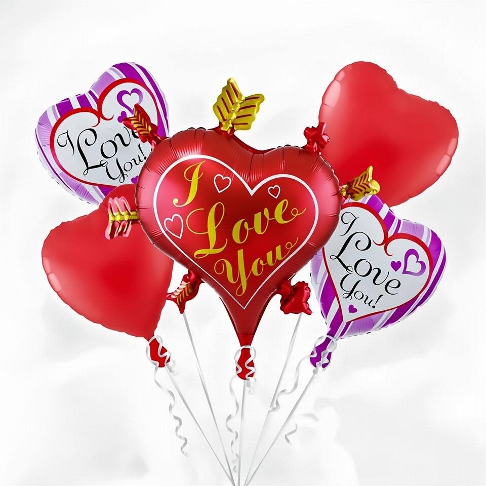 Bouquet 5 Ballons Cœurs Mylar I Love You Rouge et Violet | Décoration Romantique