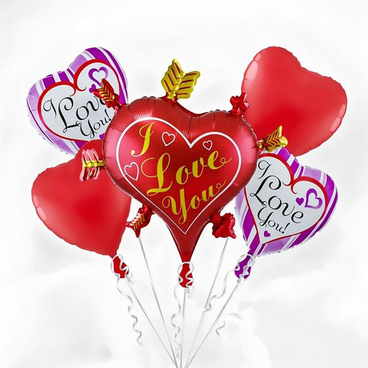 Bouquet 5 Ballons Cœurs Mylar I Love You Rouge et Violet | Décoration Romantique