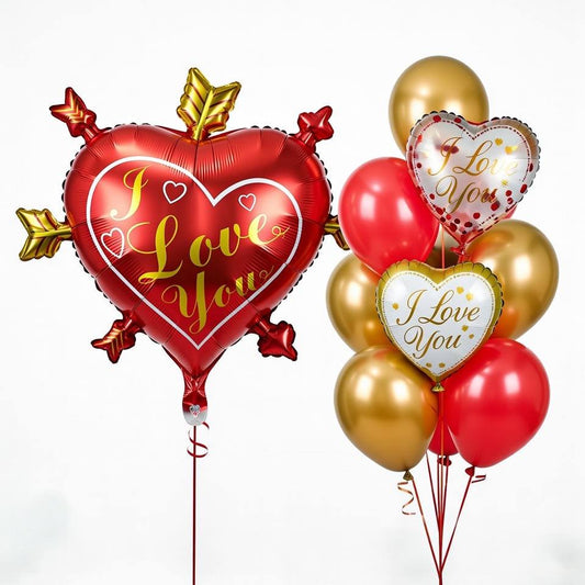 Pack Ballons I Love You + Ballon Cœur Flèche Rouge et Or | Décoration Romantique