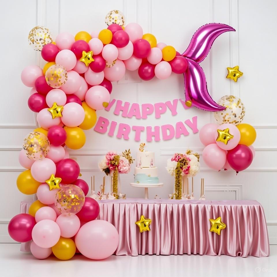 Kit Arche de Ballons Anniversaire Sirène - Queue Rose, Étoiles Or et Ballons Pastel (Rose, Rouge, Jaune)