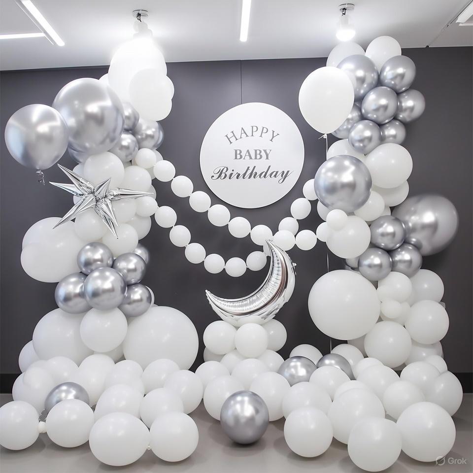 Moon and Star Birthday Balloon Arch Kit - Matte White, Pearl Silver with Backdrop