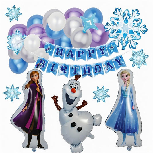 Kit Décoration Anniversaire La Reine des Neiges - Ballons Elsa, Anna, Olaf et Arche Bleue