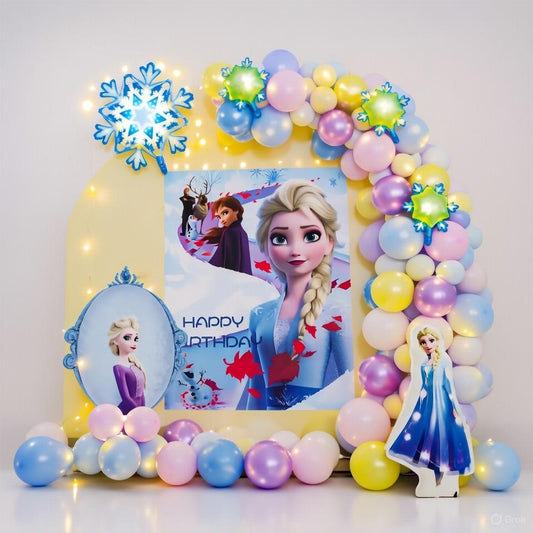 Kit Décoration Anniversaire La Reine des Neiges - Arche Ballons Macaron, Poster, Miroir elsa et Flocons, multicolore