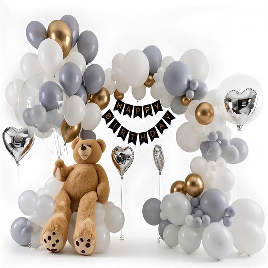 Kit Arche de Ballons Anniversaire Ourson - Tons Gris, Blanc, Or et Argent avec Bannière
