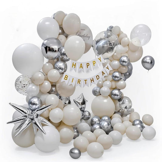 Elegant Birthday Balloon Arch Kit - Pearl White, Metallic Silver with Explosion Star and Banner