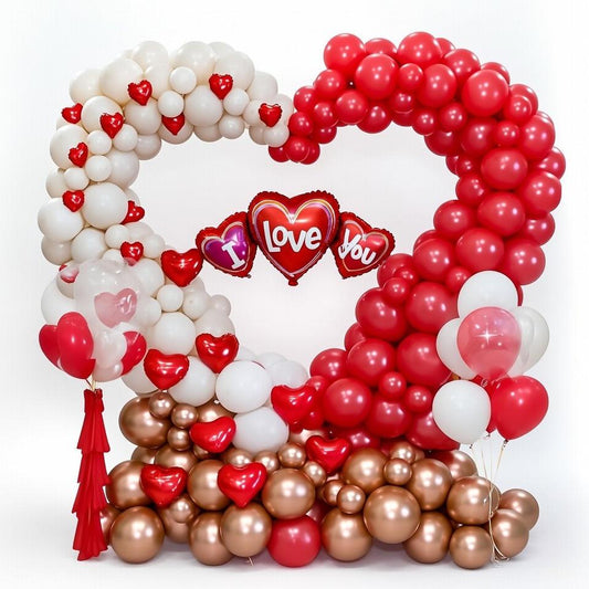 Romantic Heart Balloon Arch Kit - I Love You, Red, White, and Rose Gold with Tassels