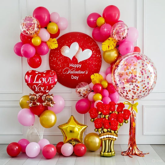 Kit Décoration Saint-Valentin Romantique - Arche Ballons Rouge, Or avec Oursons I Love You et Toile de Fond