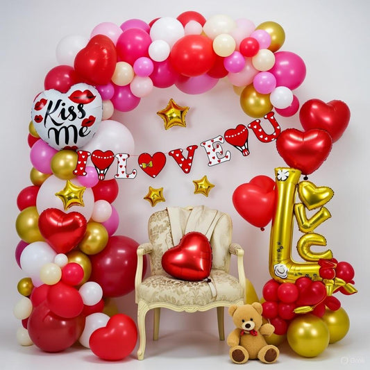 Kit Arche de Ballons Romantique Kiss Me - I Love You, Rouge, Rose, Or avec Lettres LOVE et Étoiles