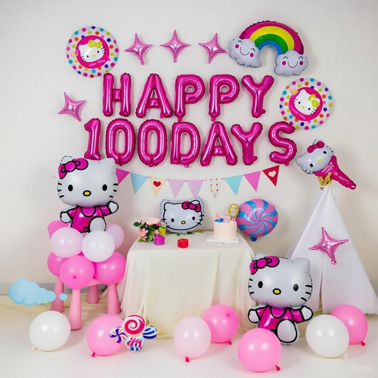 Hello Kitty 100 Days Decoration Kit - Pink and White Balloons, Happy 100 Days Letters, and KT Figurines