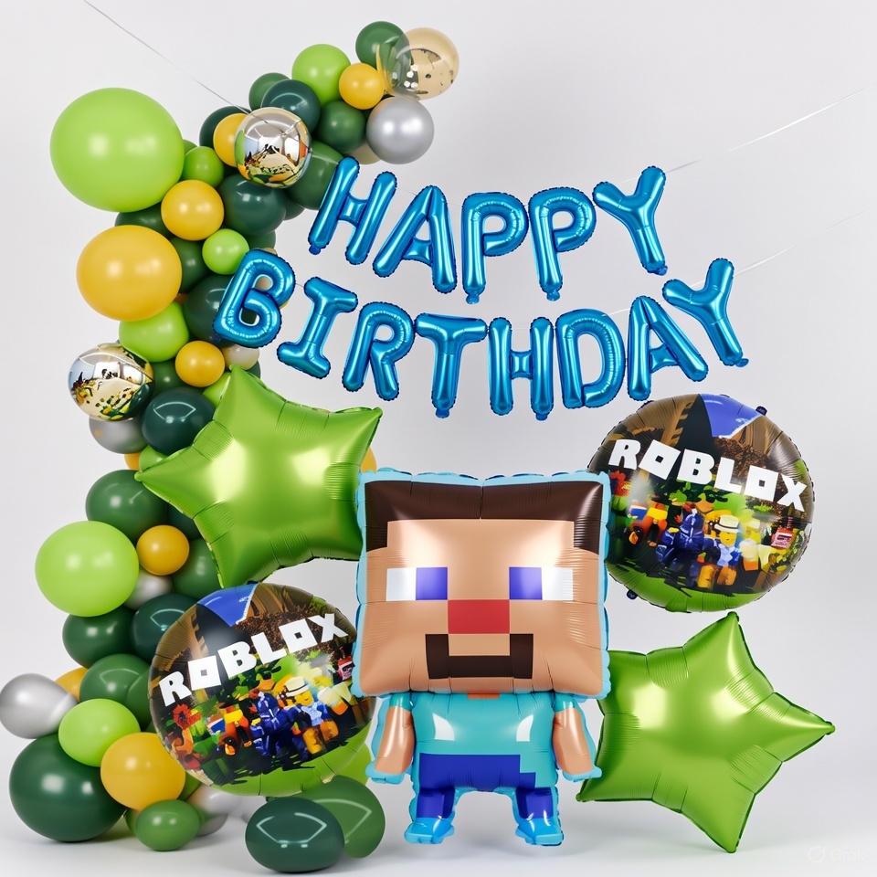Kit Arche de Ballons Anniversaire Minecraft - Vert, Jaune avec Figurine Steve et Lettres Happy Birthday