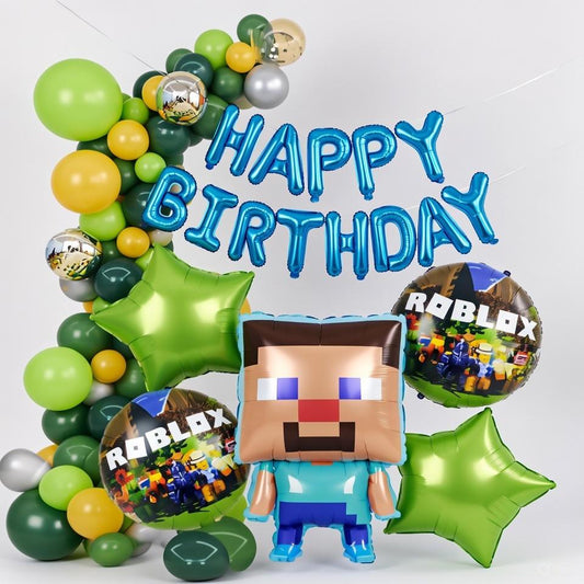 Kit Arche de Ballons Anniversaire Minecraft - Vert, Jaune avec Figurine Steve et Lettres Happy Birthday