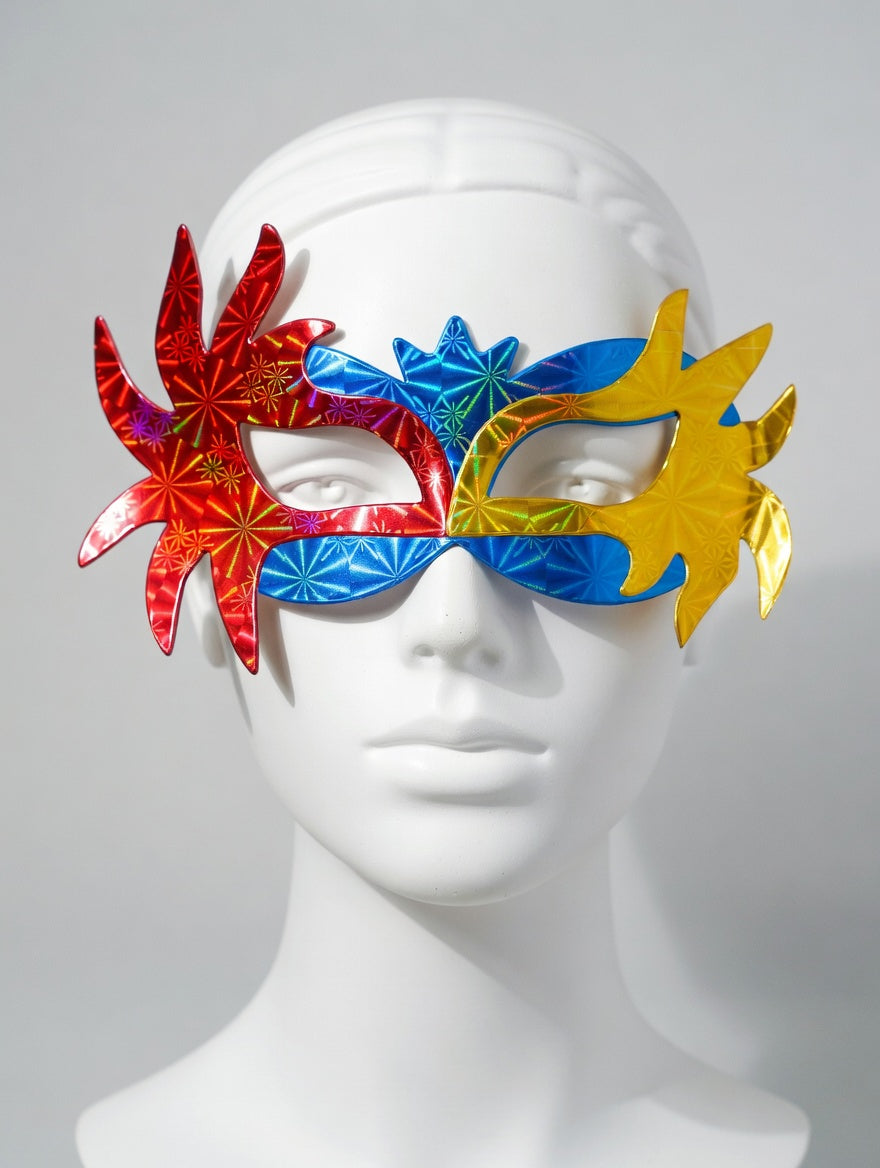 Masque Étoile Holographique Rouge, Bleu et Or - Pack 10 Pièces