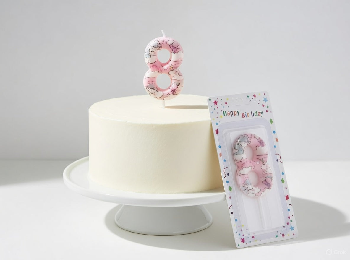 Unicorn Themed Number Birthday Candle – Numbers 0 to 9 Pastel Pink