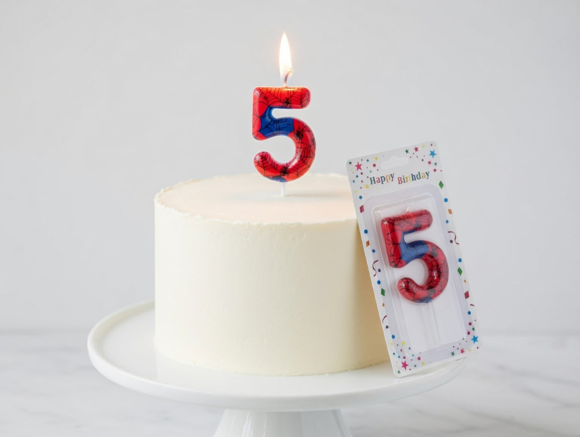 Bougie Chiffre Anniversaire Thème Spider-Man – Numéros 0 à 9 Rouge & Bleu
