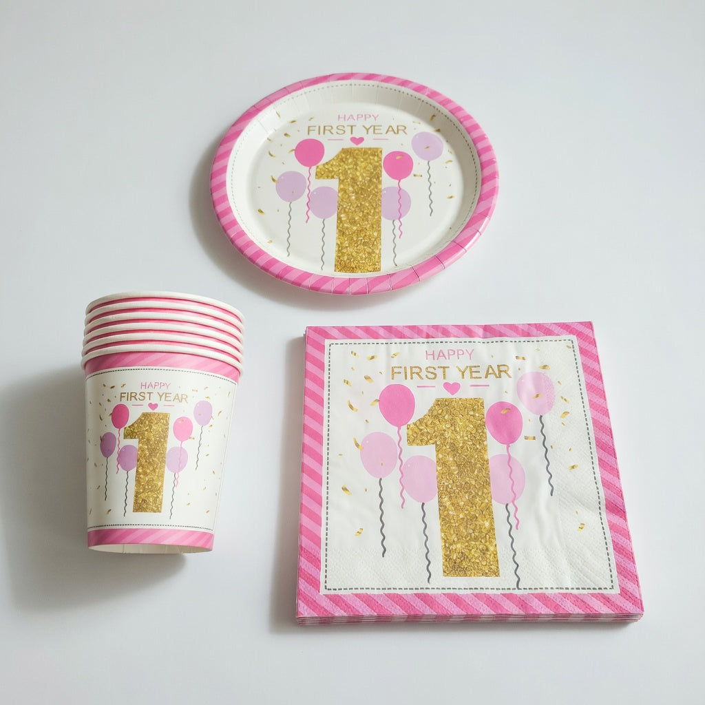 Happy First Year Plates, Cups, and Napkins - Basic Set