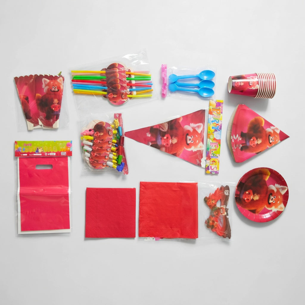 Collection of party supplies with a red panda theme on a white background