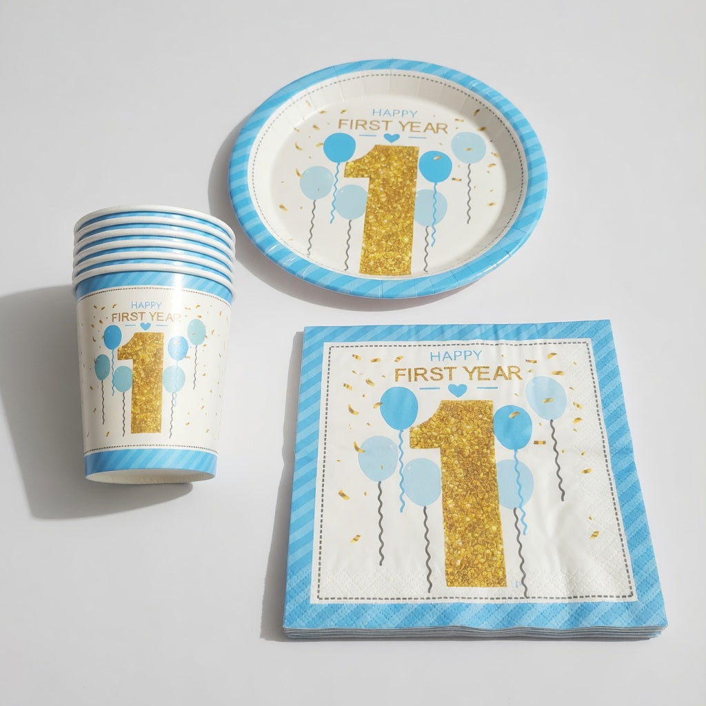 Happy First Year Plates, Cups, and Napkins - Basic Set