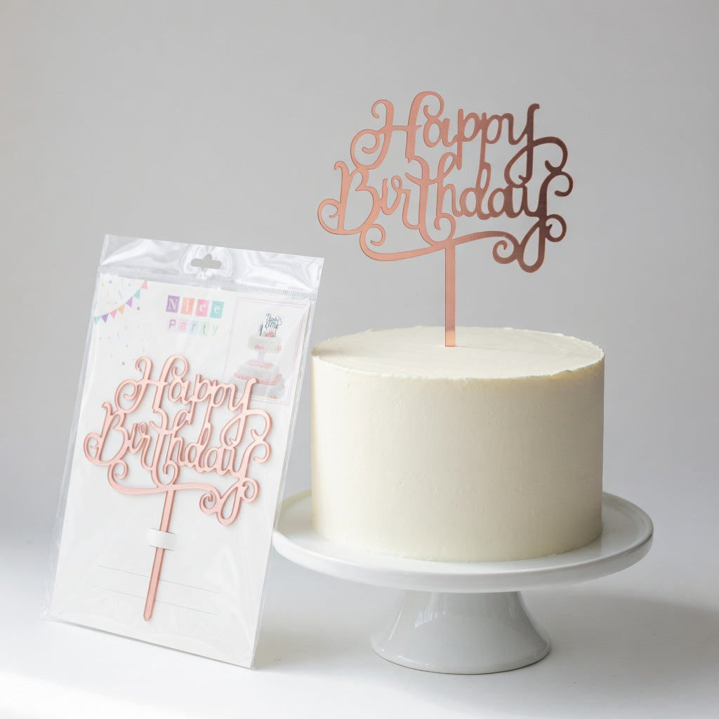 Rose Gold Acrylic Happy Birthday Cake Topper | Elegant Arabesque Script