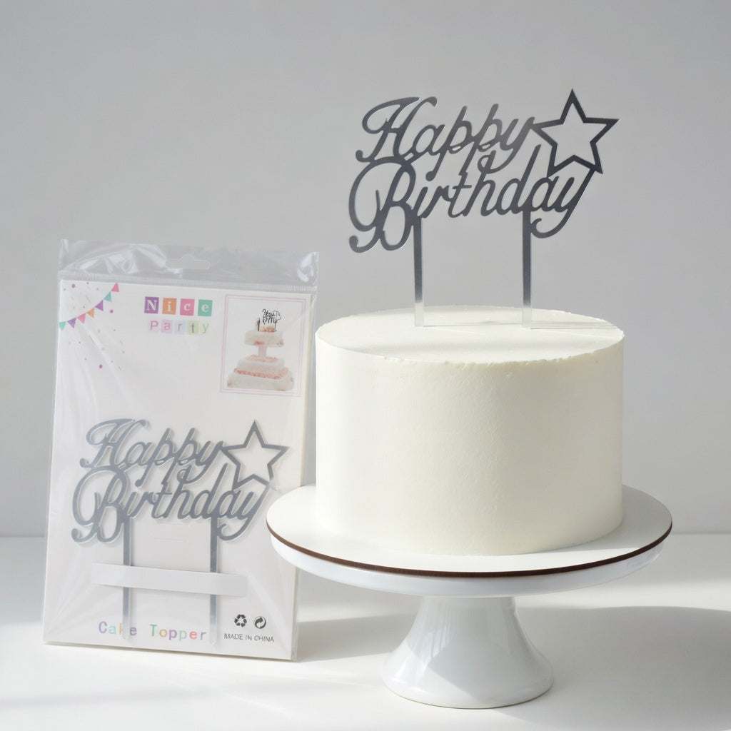 Cake Topper Happy Birthday Acrylique Étoile | Rose Gold & Argent