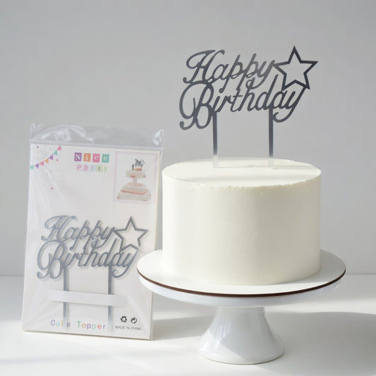 Cake Topper Happy Birthday Acrylique Étoile | Rose Gold & Argent