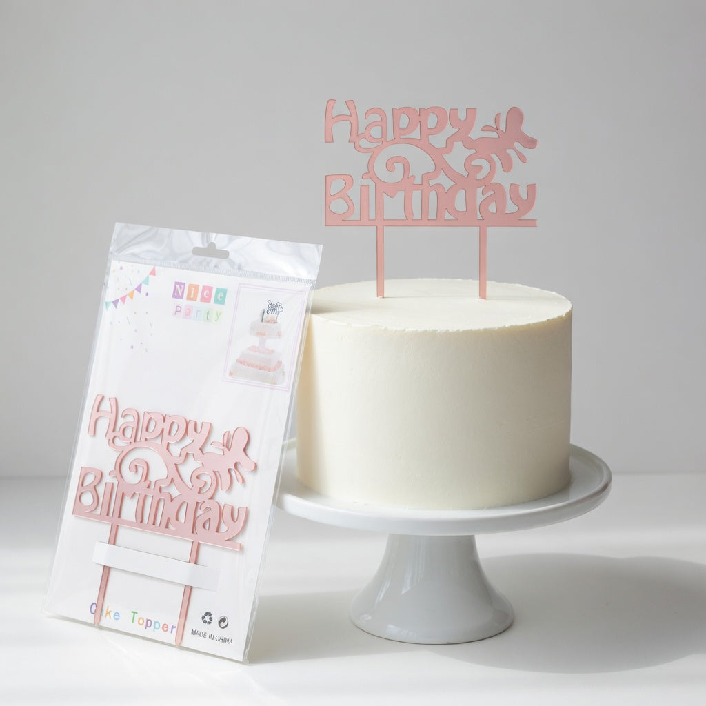 Cake Topper Happy Birthday Acrylique Rose Gold | Décor Papillons