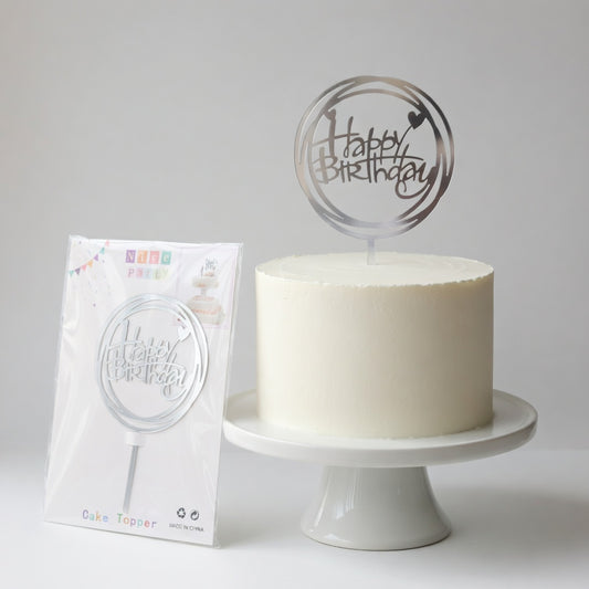Cake Topper Happy Birthday Acrylique Argent | Design Cercle Miroir