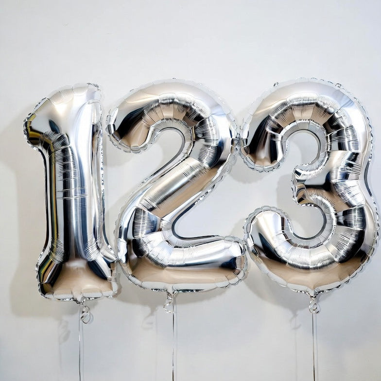 Silver number balloons spelling '123' on a white background