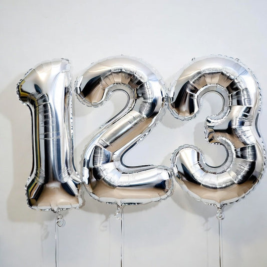 Silver number balloons spelling '123' on a white background