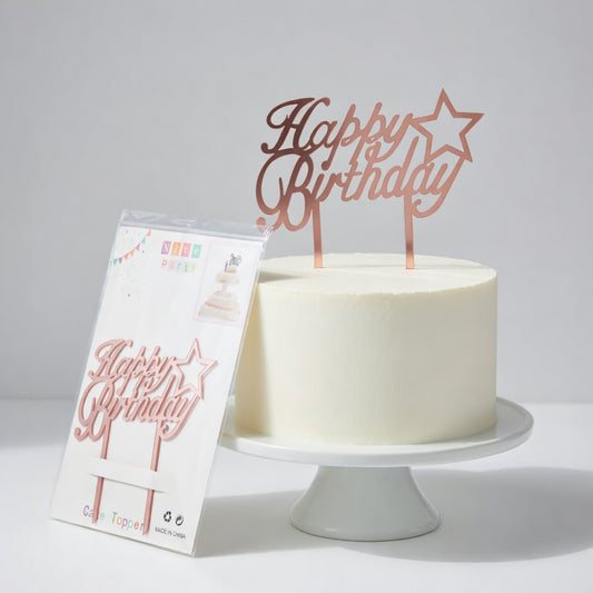Cake Topper Happy Birthday Acrylic Star | Rose Gold & Silver