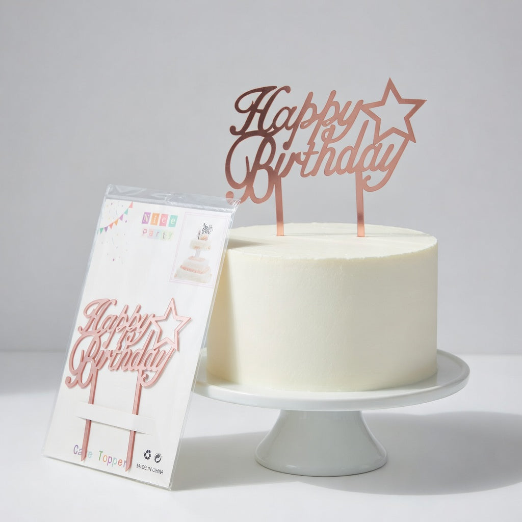Cake Topper Happy Birthday Acrylique Étoile | Rose Gold & Argent