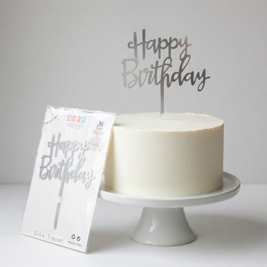 Happy Birthday Acrylic Cake Topper Cursive Script | Silver & Rose Gold