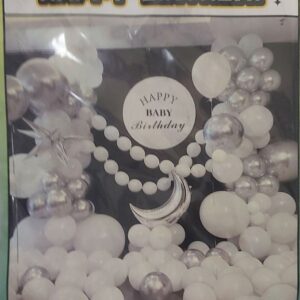 Kit Arche de Ballons Élégane Argent & Blanc pour Anniversaire de Bébé (Lune & Étoiles)