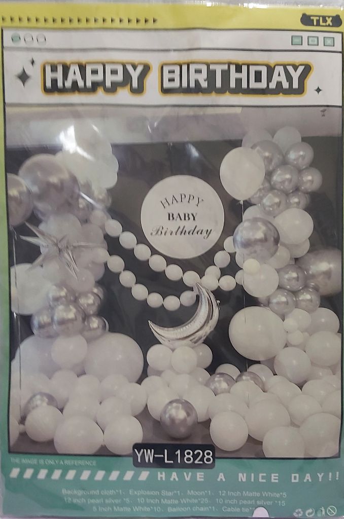 Kit Arche de Ballons Élégane Argent & Blanc pour Anniversaire de Bébé (Lune & Étoiles)