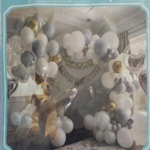 Kit de Décoration Arche de Ballons Joyeux Anniversaire Gris, Blanc & Or (60+ Pcs)